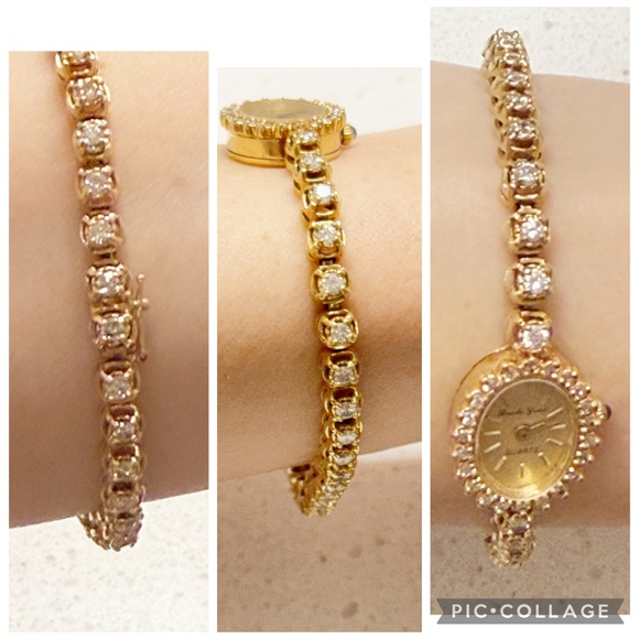 Vintage BEUCHE GIROD 14 K Gold 2.20 carat Diamond Tennis Bracelet watch with Sap - Picture 2 of 6